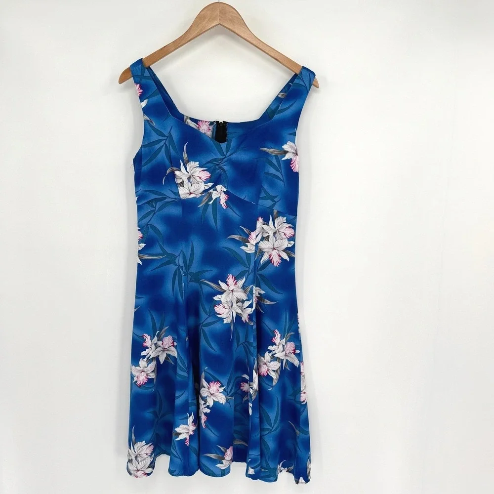 Two Palms Vtg Blue Midnight Orchid Floral Midi H-Strap Dress Women's M